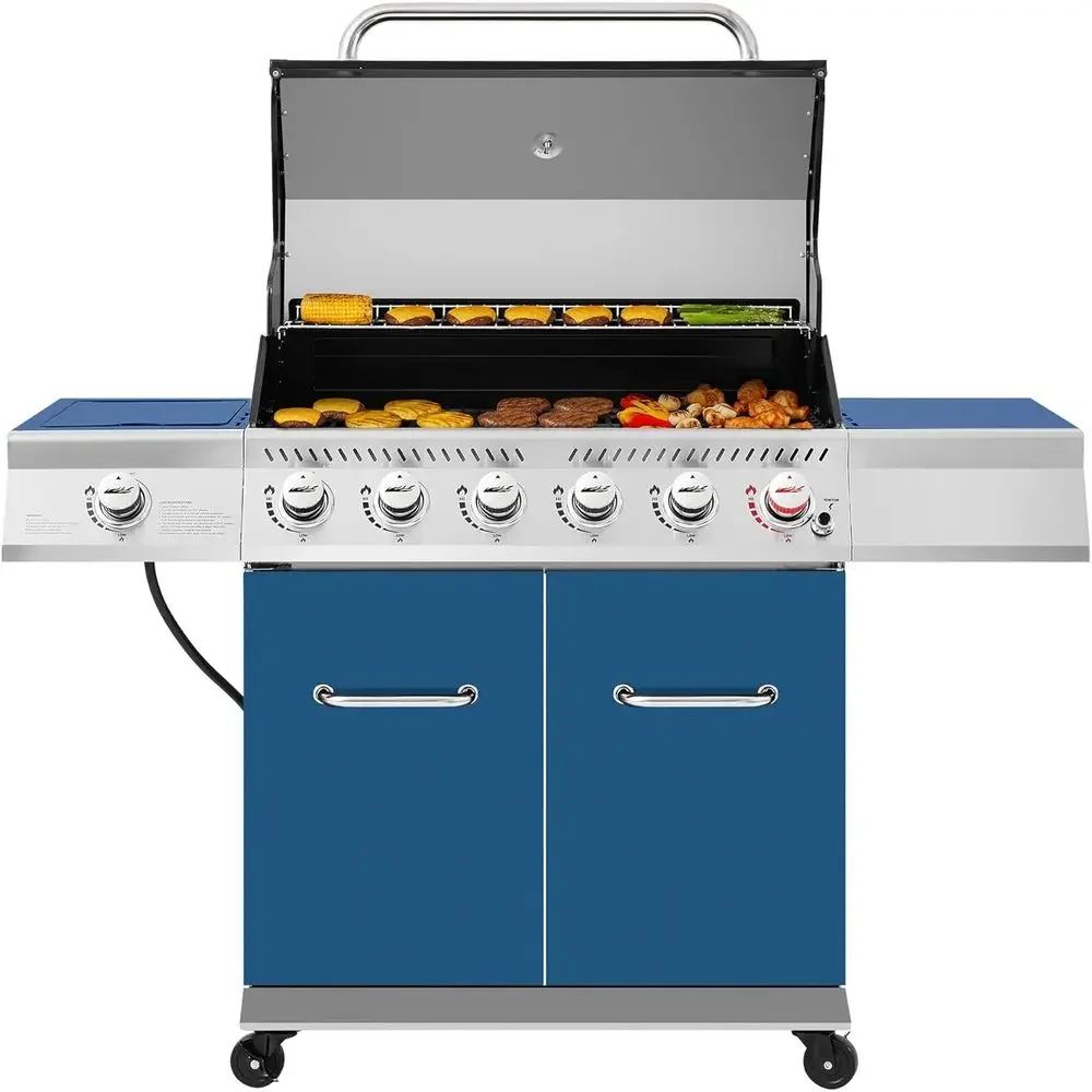 6-Burner Propane Gas Grill with Side Burner and Warming Rack, 74,000 BTUs, Cabinet Style BBQ Grill for Backyard Cooking, Blue
