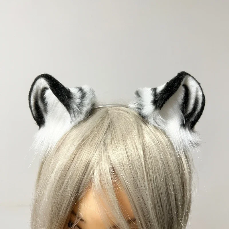 Handmade Simulation Beast Animals Snow Leopard Ears Hair Hoop Headwear Lolita Halloween Christmas Anime Cosplay Prop
