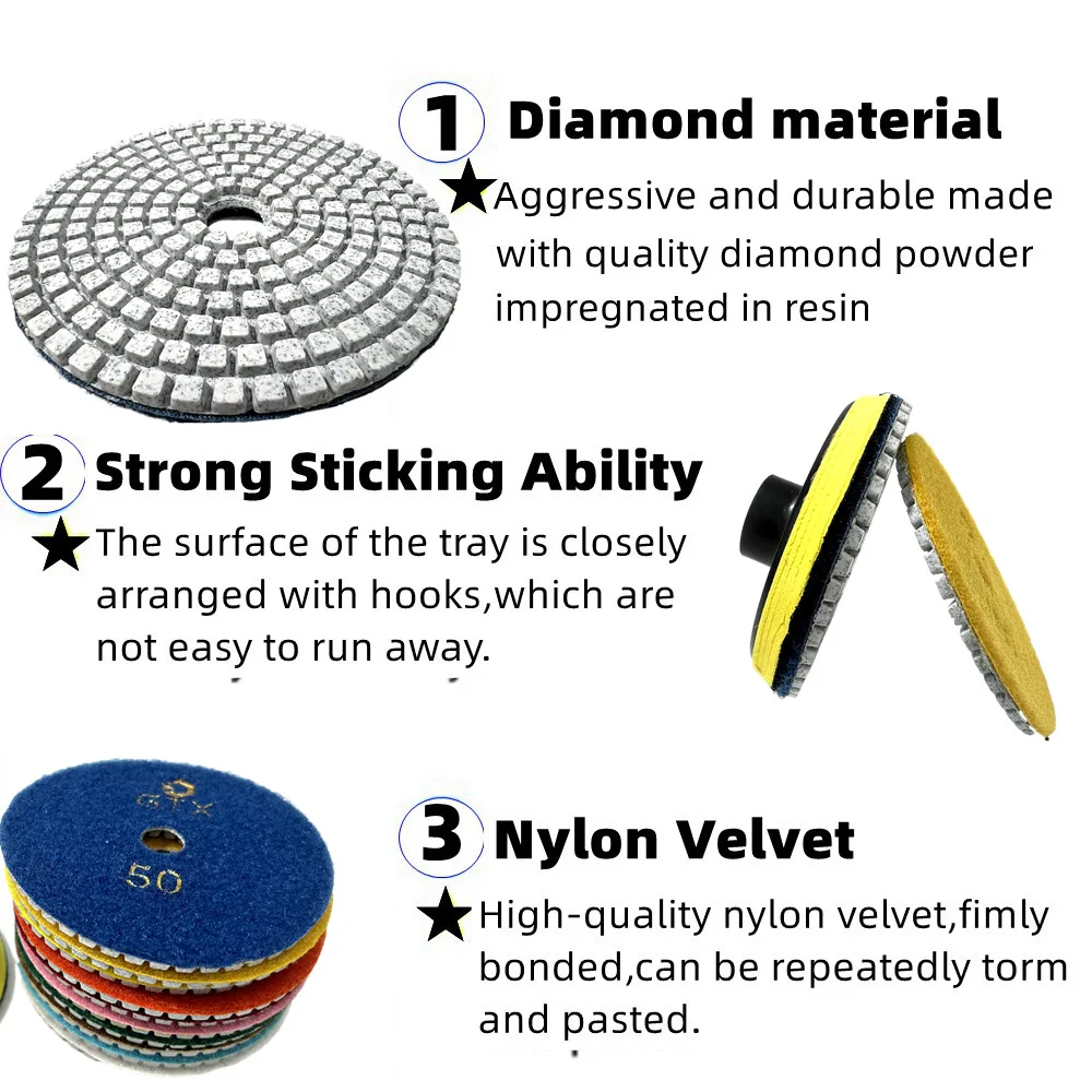 4-inch 11 piece set diamond polishing pad dry/wet grinding disc abrasive, used for grinding granite, marble, quartz tiles, glass