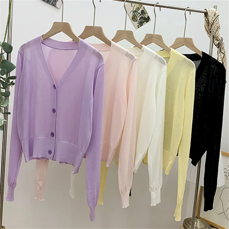 Sommer Frauen Eis Slik Strick Cardigans lässig V-Ausschnitt dünne Cardigan Jacke Damen schlanke Langarm Sonnenschutz Shirt Kurz mantel