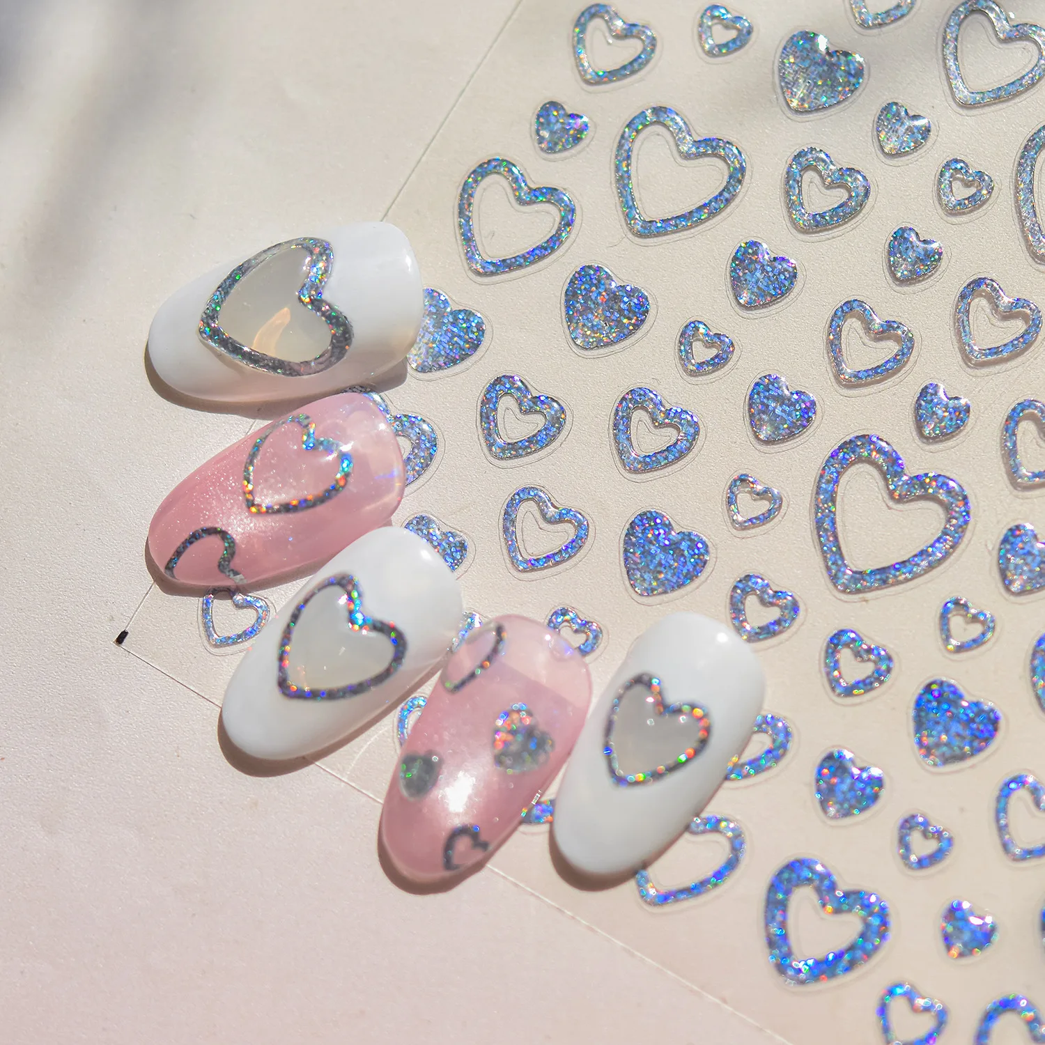 Sequin Love Peach Heart Gradual Hollow Out Jelly Geometric Blue Circular Shiny 5D Self Adhesive Nail Art Sticker Manicure Decals