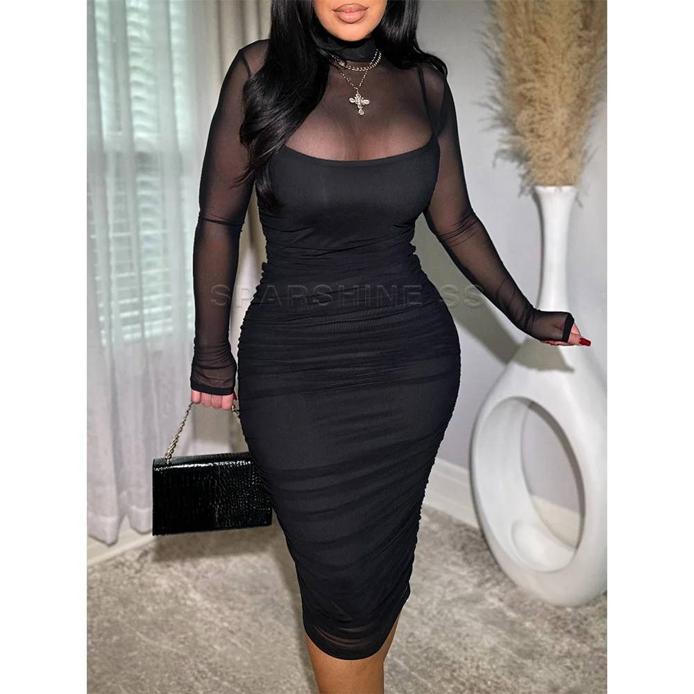 여성의 섹시한 셔링 메쉬 쉬어 모의 목 긴 소매 Bodycon 복장 슬림 패션 클럽 우아한 파티 드레스 streetwear