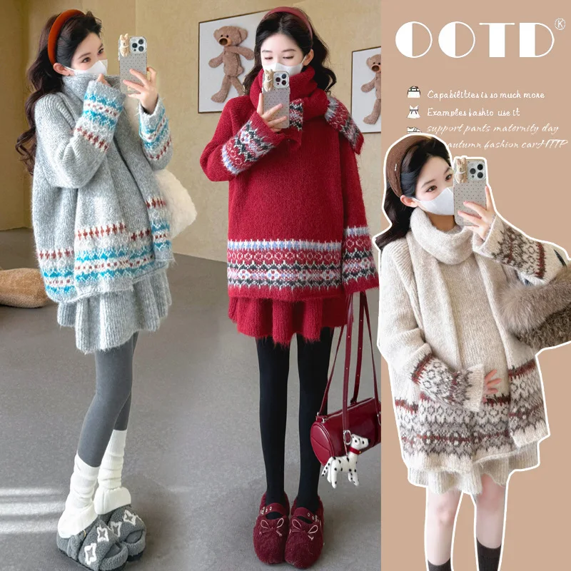 Maternity Suit Winter 2026 Cute Fair Isle Thick Oversized Sweater and Shorts with Scarf Three Piece Set for Pregnant Women