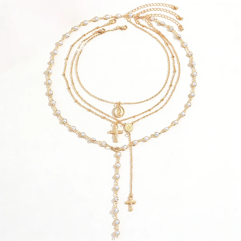 Layered Rosary Cross Necklace Vintage Gold Silver Mary Pendant Pearl Beaded Y Lariat Jewelry Gift for Women image 6
