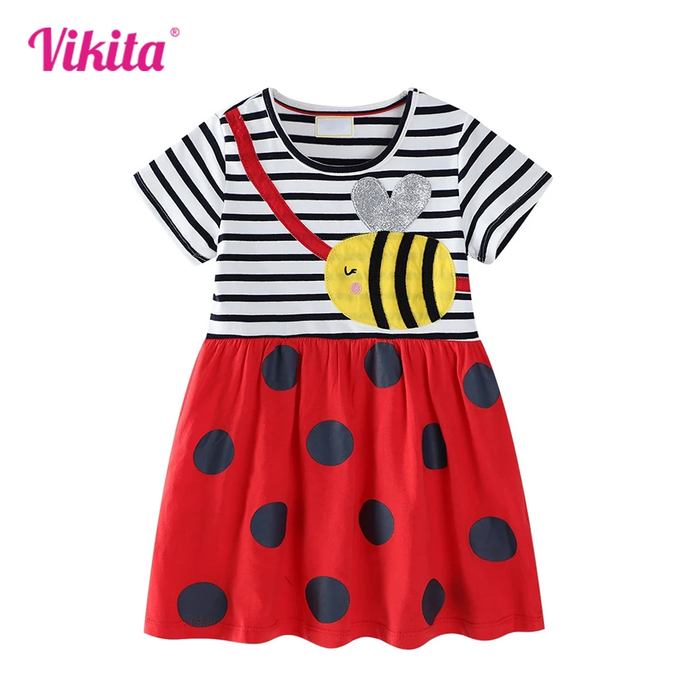 

VIKITA Kids Bee Cartoon Print Dress Girls Short Sleeve Summer Cotton Casual Polka Dot Straight Dresses Children Clothing 3-7 Yrs