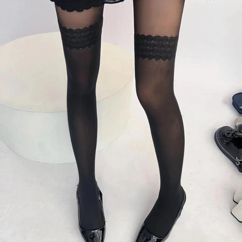 Mock Suspender Tights Women Pantyhose Jacquard Splicing Faux Thigh High Socks