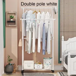 Movable Coat Rack Simple Double Rod Clothes Racks Bedroom Floor-Standing Hangers with Wheel Storage CoatRack Clothes Storage