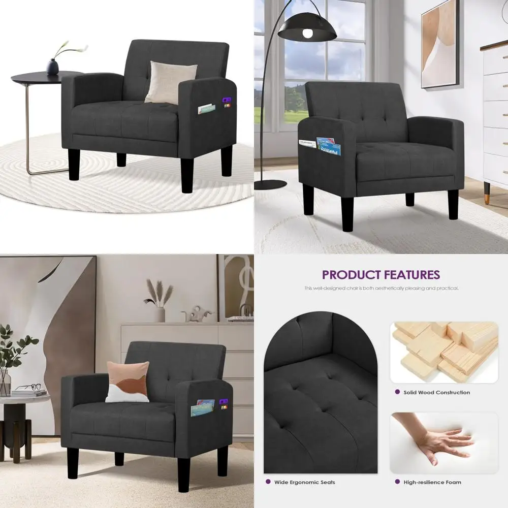 Mid-Century Modern Tufted Accent Chair with Arms for Living Room and Bedroom, Ideal for Cozy Reading and Comfort