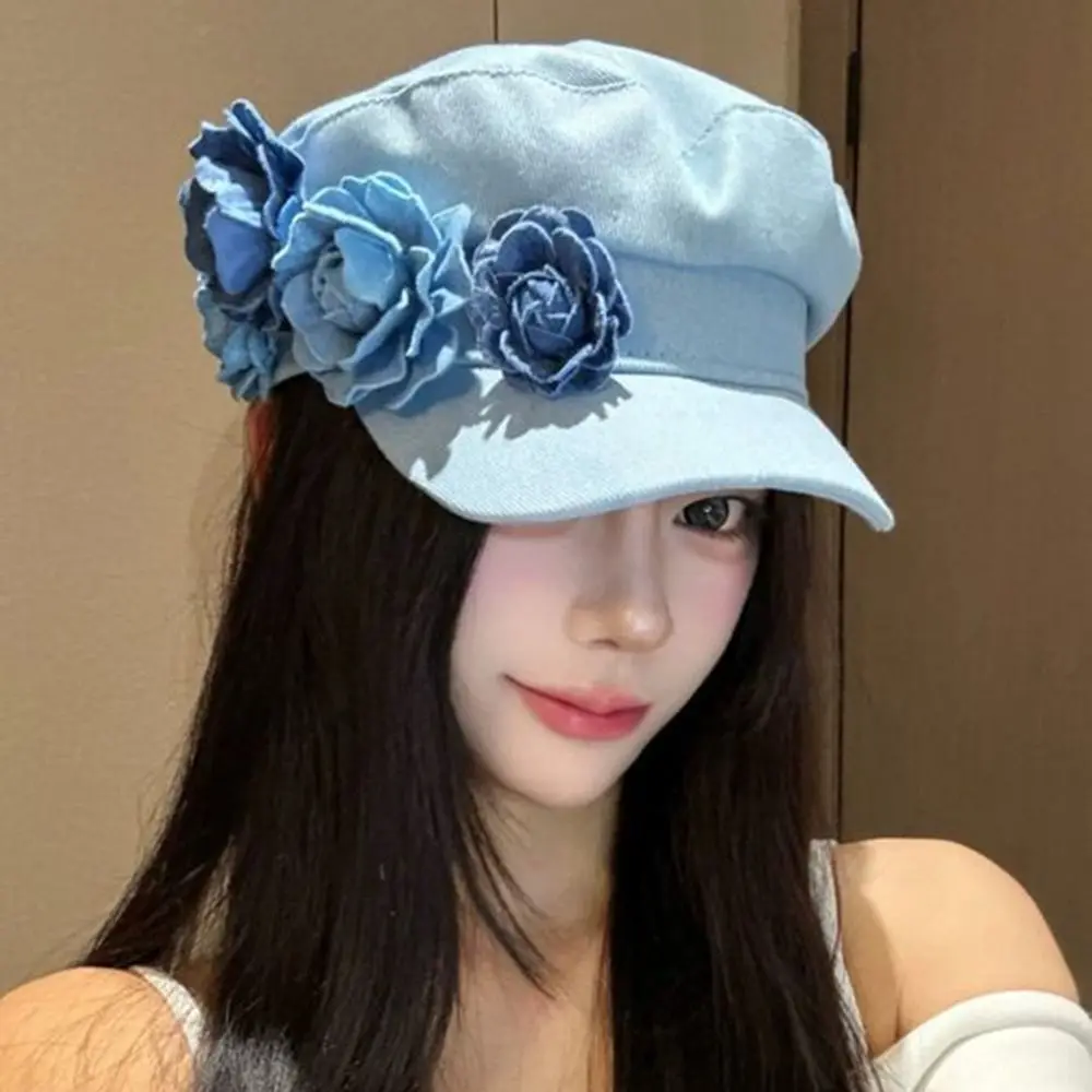 

Niche Design Artistic Denim Camellia Beret Hat Korean Style Adjustable Flower Flat Top Hat Sweet Exquisite Painter Caps Lady