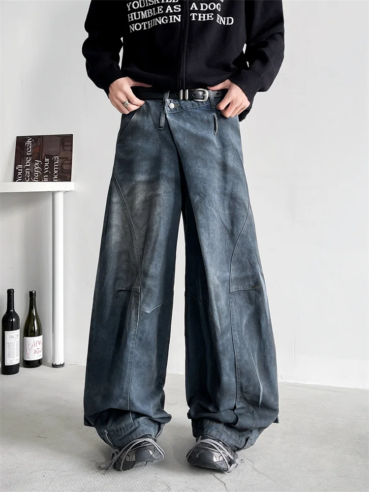 

American Waed Wide Leg Men's Jeans Faded Heavy Decosition Anti-Wear High Street Knife Floor-Length Casual Trousers