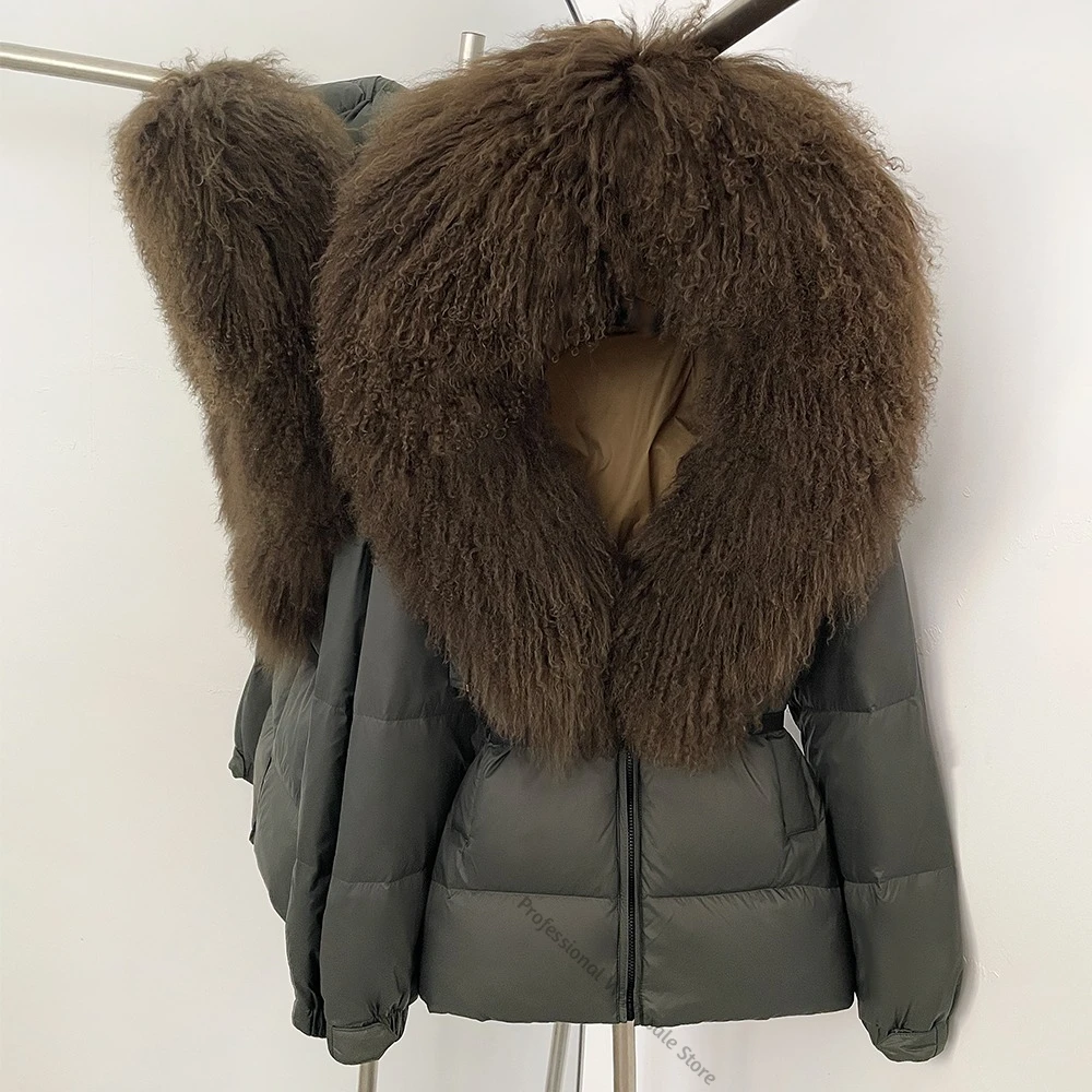 Women's Down Jacket with Hooded Fluffy Fur Warm Puffer Jacket Belt Real Mongolia Sheep Fur Collar Outerwear Female City Fashion