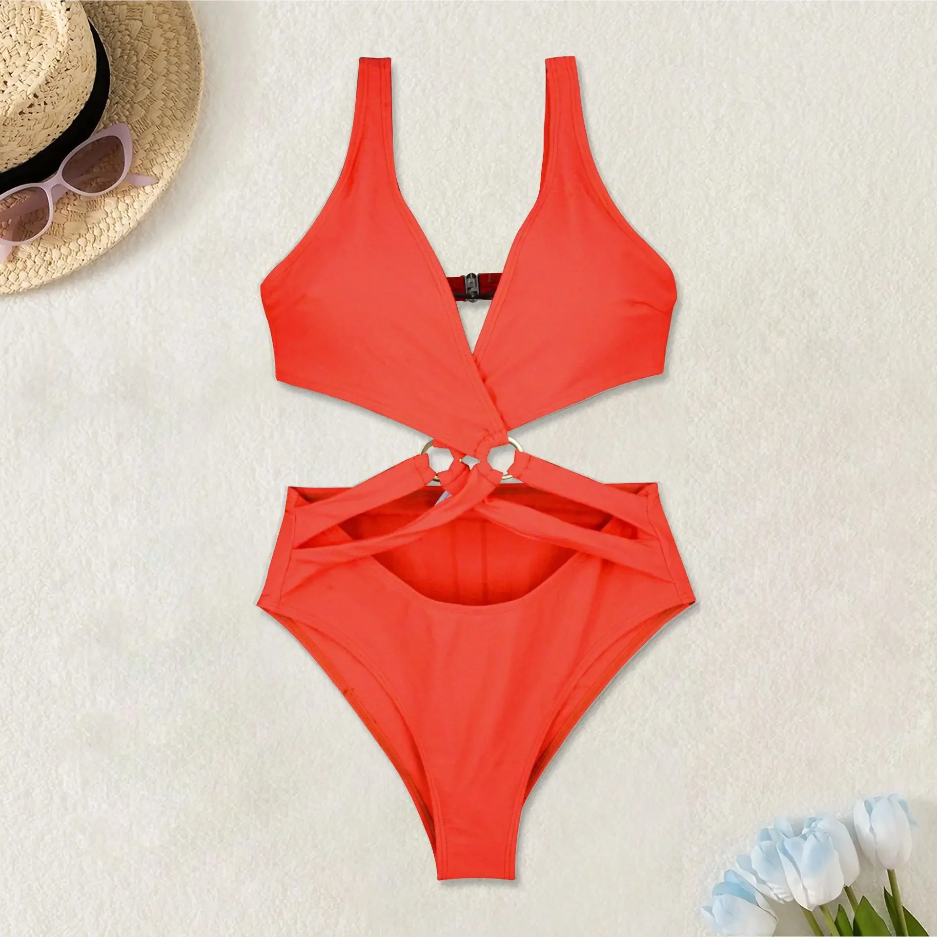 Traje de baño cruzado con anillo de Metal naranja para mujer, traje de baño Sexy de una pieza con escote en V profundo y espalda descubierta, trajes de baño