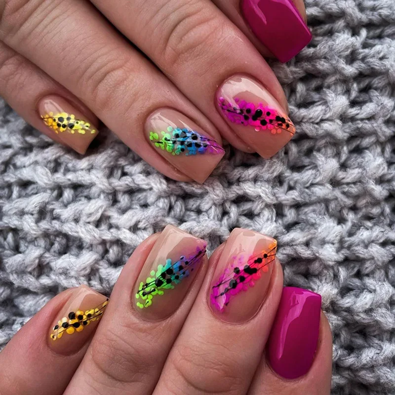 

24pcs Rainbow Press-On Nails - Magenta Base With Colorful Dots Short Ballet Shape Playful Pop Style False Nail For Women