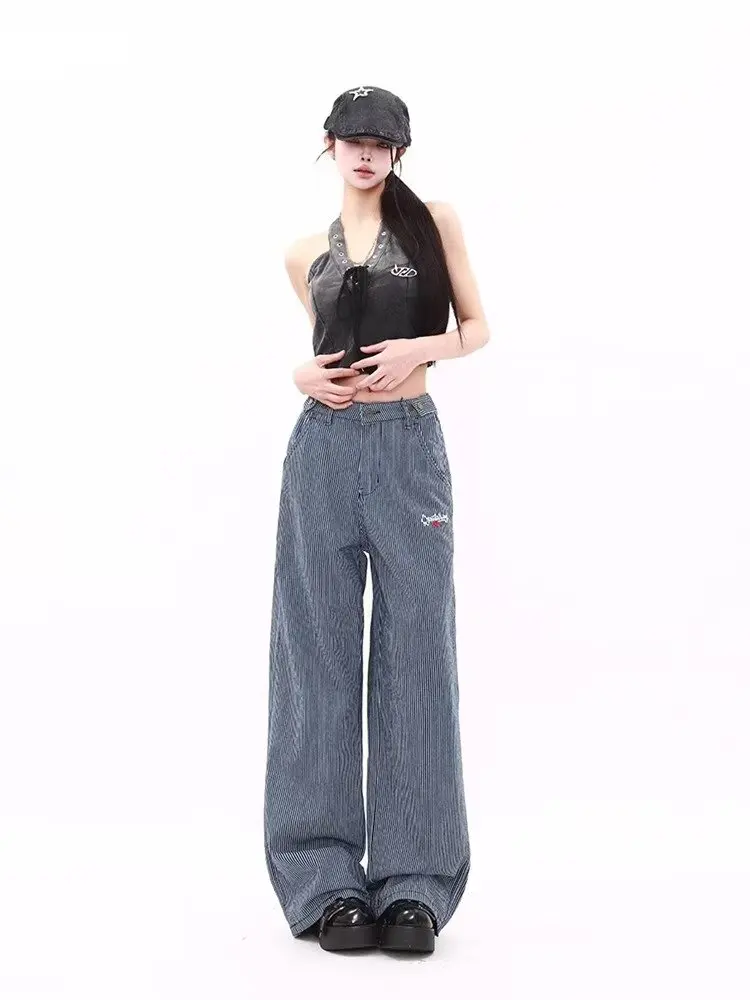 High Waist Striped Letter Small Label Women's Straight Leg Pants Autumn New Sle Casual Long Trousers Wide Leg Pants