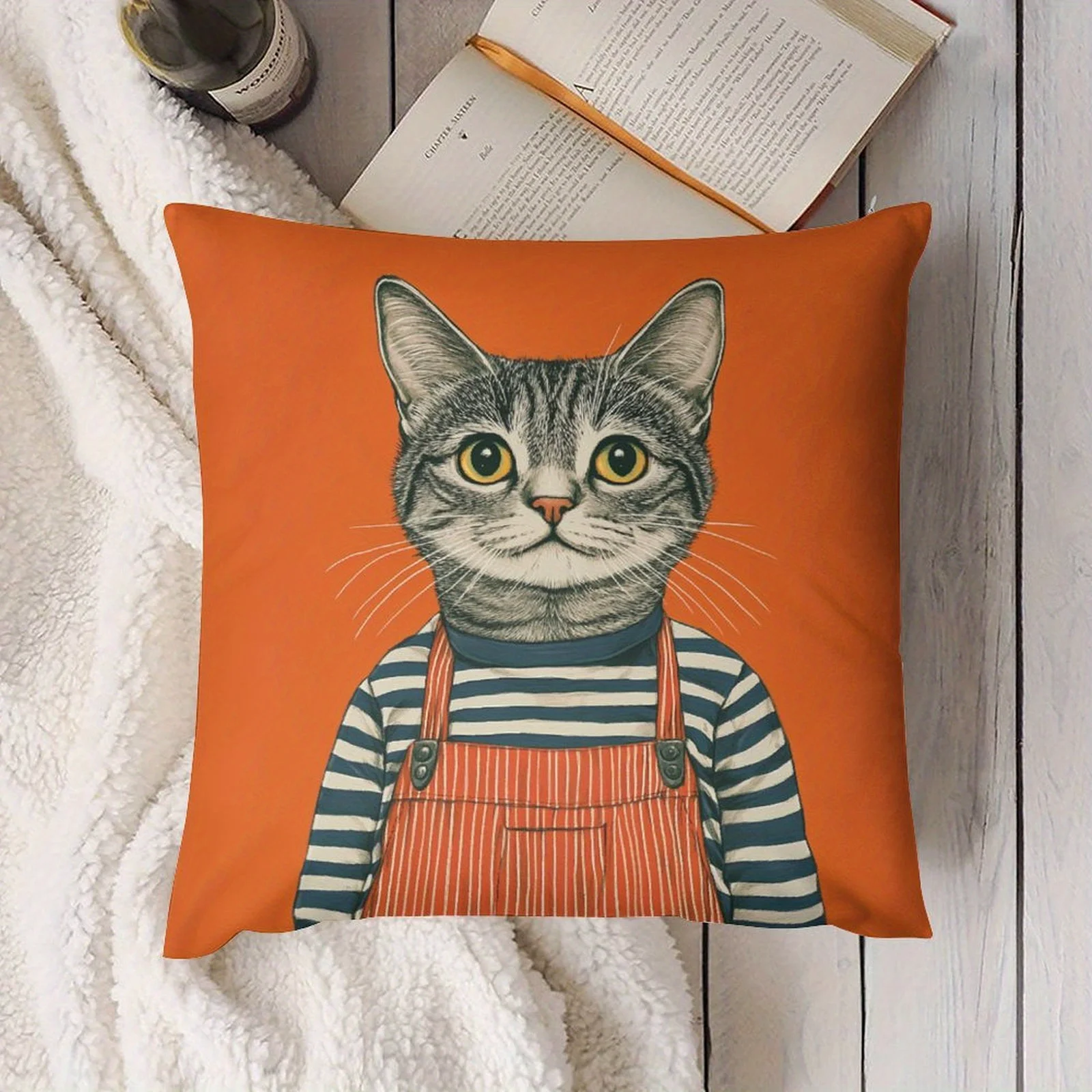1pc Illustrative Anthropomorphic Feline Graphic Pillowcase for Home Decoration Cushion Cover Polyester 45x45cm 18x18in