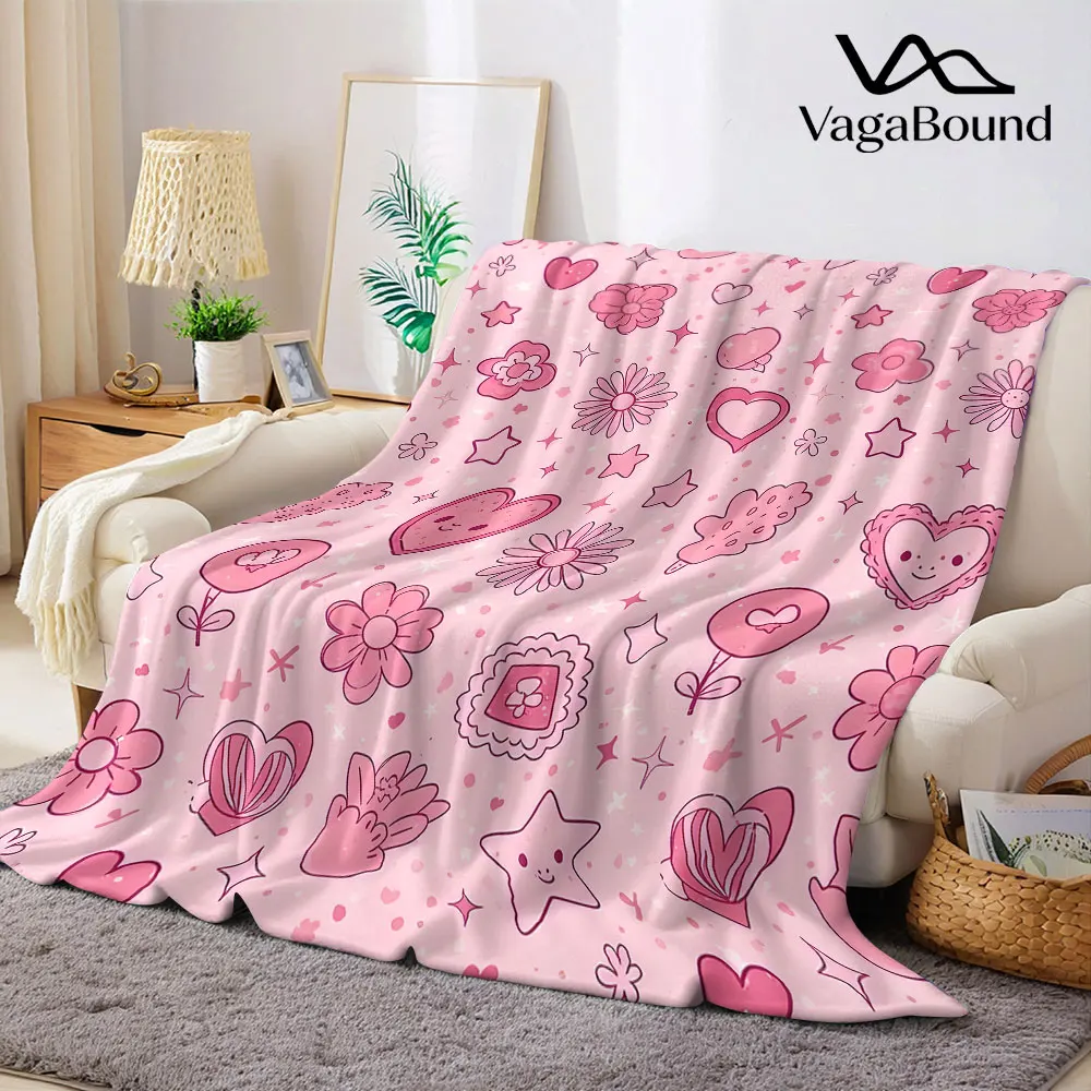 Pink Cute Doodle Hearts Stars Flannel Blanket Warm Soft Halloween Christmas Decorative Couch Warm Cozy All-Season Gift