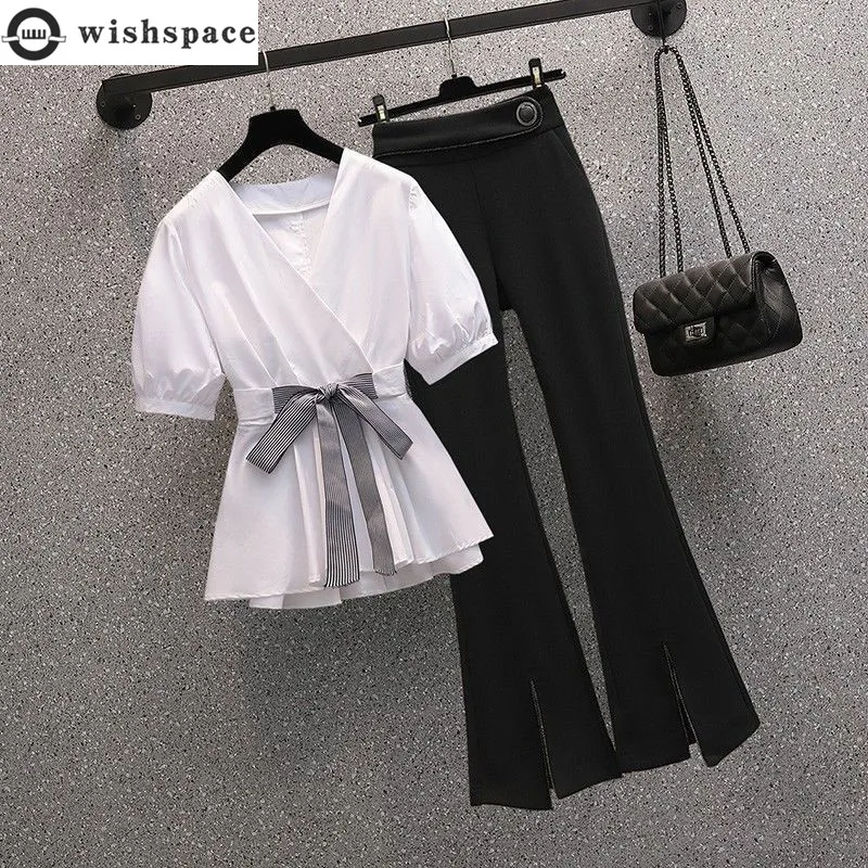 

2022 Summer New Large Fat Sister Foreign Style Waist Closing Fashion Shirt Wide Leg Pants Two-piece Women's Suit