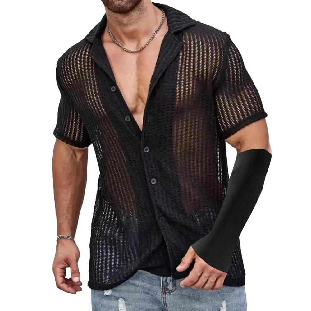 Camisa masculina de verão de malha oca elástica vintage manga curta camisa single-breasted cardigan férias praia topo