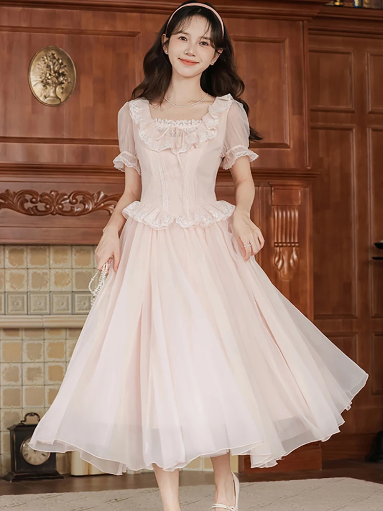 

Summer Pink Chiffon Patchwork Lace Puff Sleeve Sqaure Collar Dress Women Chic Kawaii Dress 2025 Korean Elegant Bodycon Vestidos