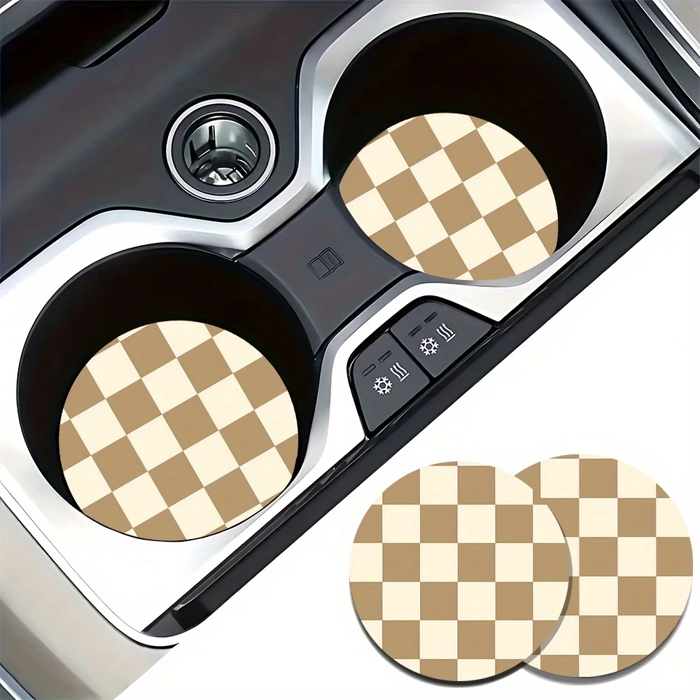 Set Of 2 Brown Checkered Coasters For Car Cup Holders - Made Of Absorbent Rubber, Designed To Fit, Non-Slip, And Durable Interio