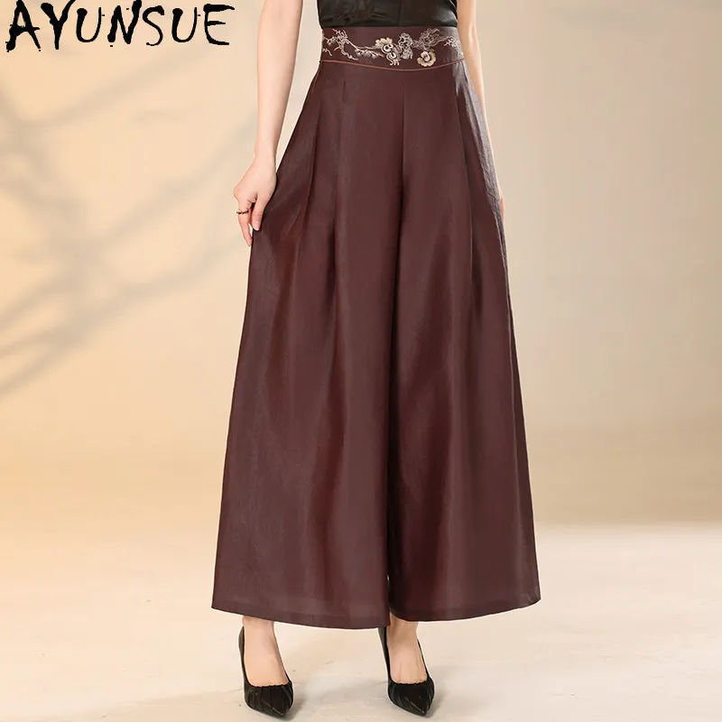AYUNSUE 100% Real Mulberry Silk Pants Women High Waisted Embroidered Black Wide Leg Pants Autumn Long Trousers 2026 Pantalones