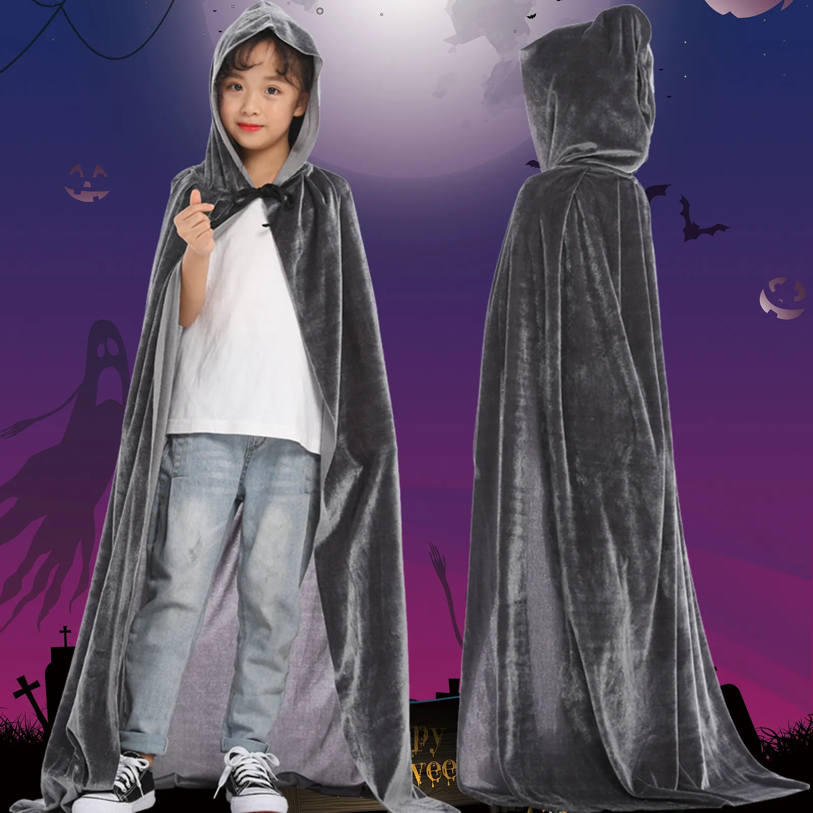 

Halloween Adult Kids Witch Cloak Cape Halloween Death Cloak Carnival Party Long Cape Solid Colors Hooded Cosplay Costumes