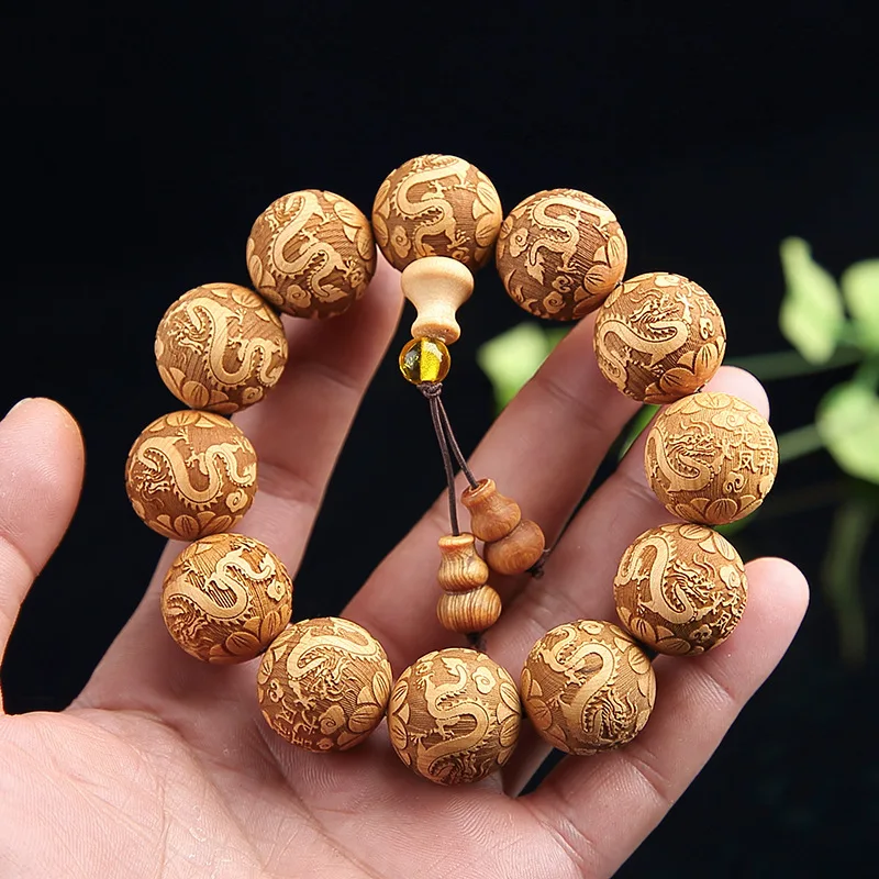 Taixing Mountain Cliff Cypress Wood Bracelet Wholesale, Carved Dragon and Phoenix Pixiu Sandalwood Buddhist Beads, Men's Wooden