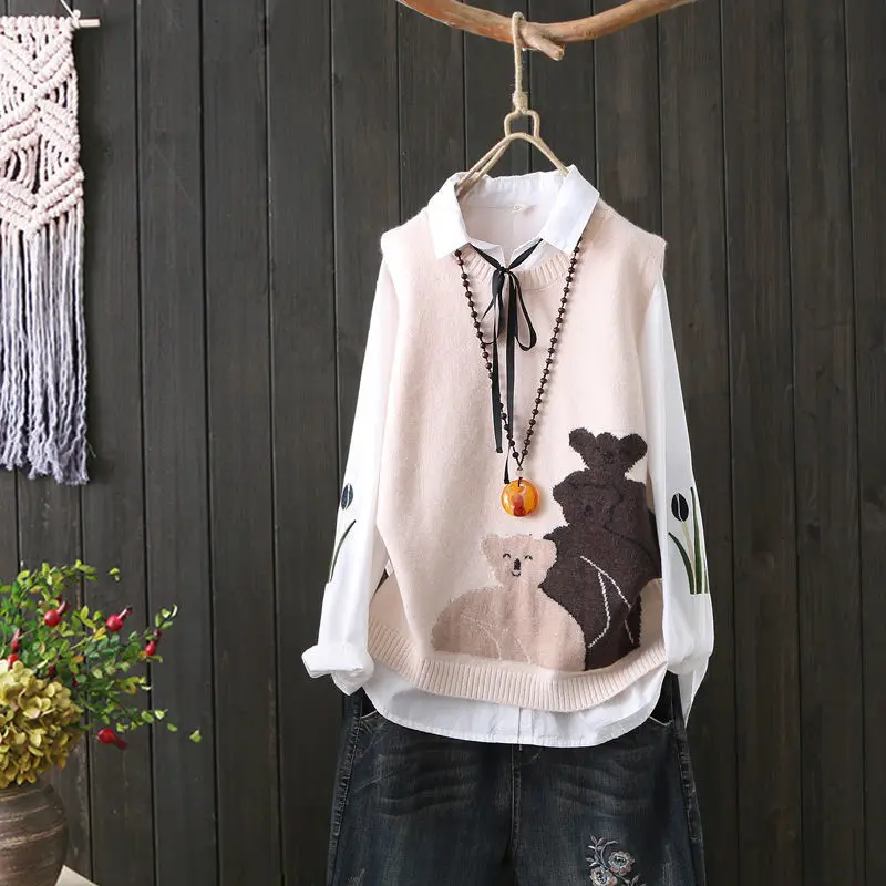 Loose Knitted Vest Women's Fashion Outerwear round Neck Base Shirt Brand Buckle Autumn Season Commute Style Other Material