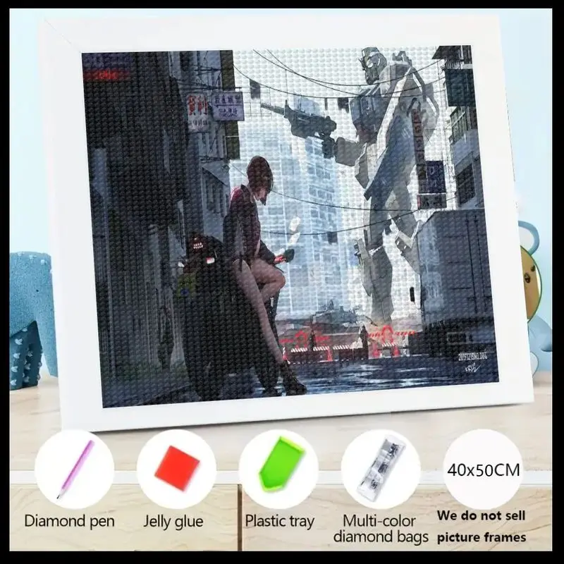 

1PC 5D DIY Diamond Painting Kit, Futuristic Cyberpunk Cityscape featuring Woman & Giant Mech Robot, Full Drill Rhinestone Embroi