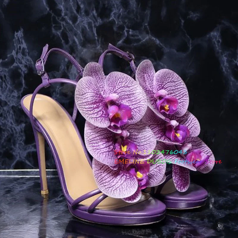 Purple Flower Decoration High Heel Sandals Round Peep Toe Ankle Strap Stiletto Heel Comfort Runway Shoes Ladies Dress Sandals