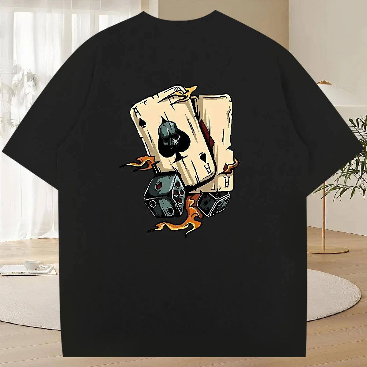 تي شيرت رجالي صيفي من القطن الخالص كاجوال فضفاض ومبتكر مطبوع عليه بوكر ونرد رياضي برقبة دائرية وأكمام قصيرة