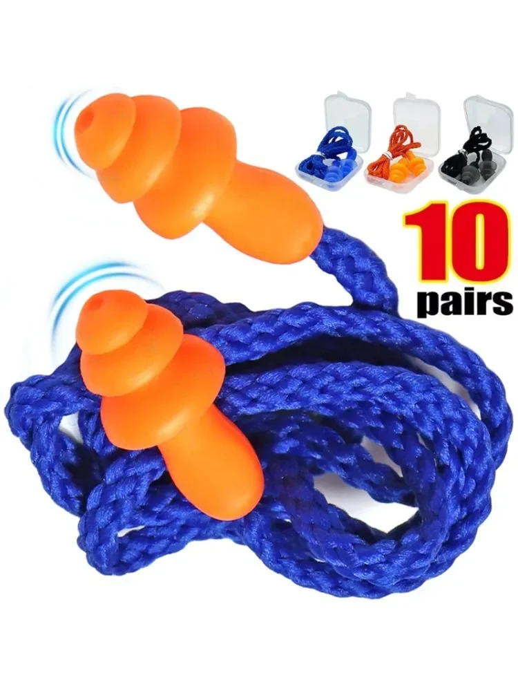 10/1 paires de bouchons d'oreille en Silicone, étanches, réduction du bruit, avec cordon, écouteurs filaires réutilisables pour la natation, le sommeil et le travail