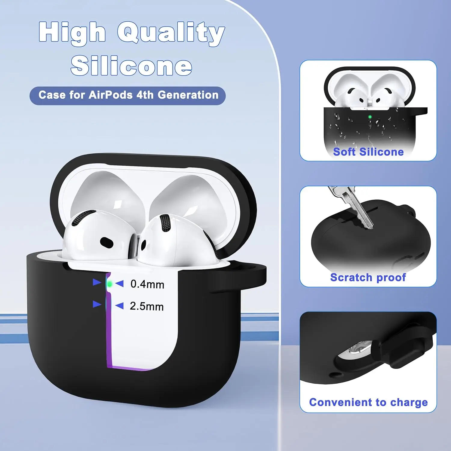 غطاء حافظة لأجهزة AirPods 4 2024 من السيليكون الناعم الممتص للصدمات مع سلسلة مفاتيح ومجموعة تنظيف وحبل لسماعات AirPods 4