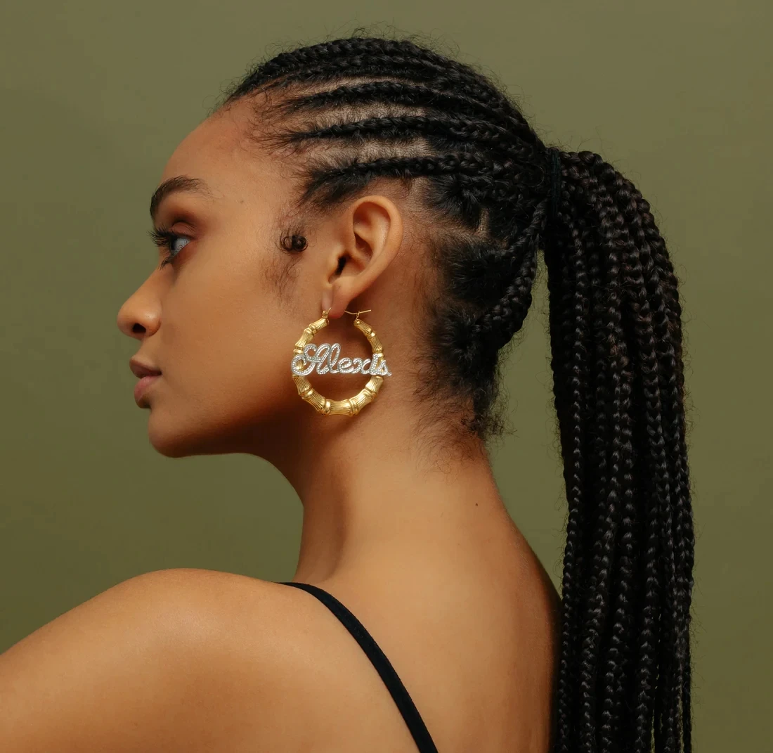 Customized Earrings Personalized Double Frosted Bamboo Script Name Earrings 18K Gold Plated Bamboo Earrings Jewelry For Women