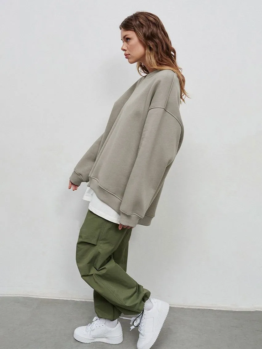 Round Neck Pullover Hoodie Mid Length Alternative Street with Loose Fit Single Regular Thickness Streetwear Women Sweatshirts