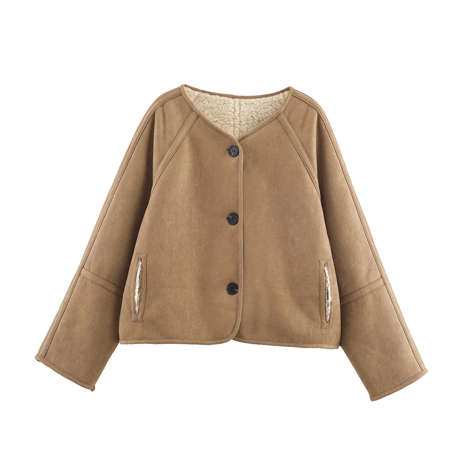 4 colors 2025 Winter Vintage Faux Suede Double-faced Fur Coat Coffee Women V neck Open Buttons Full Sleeve Short Loose Outerwear