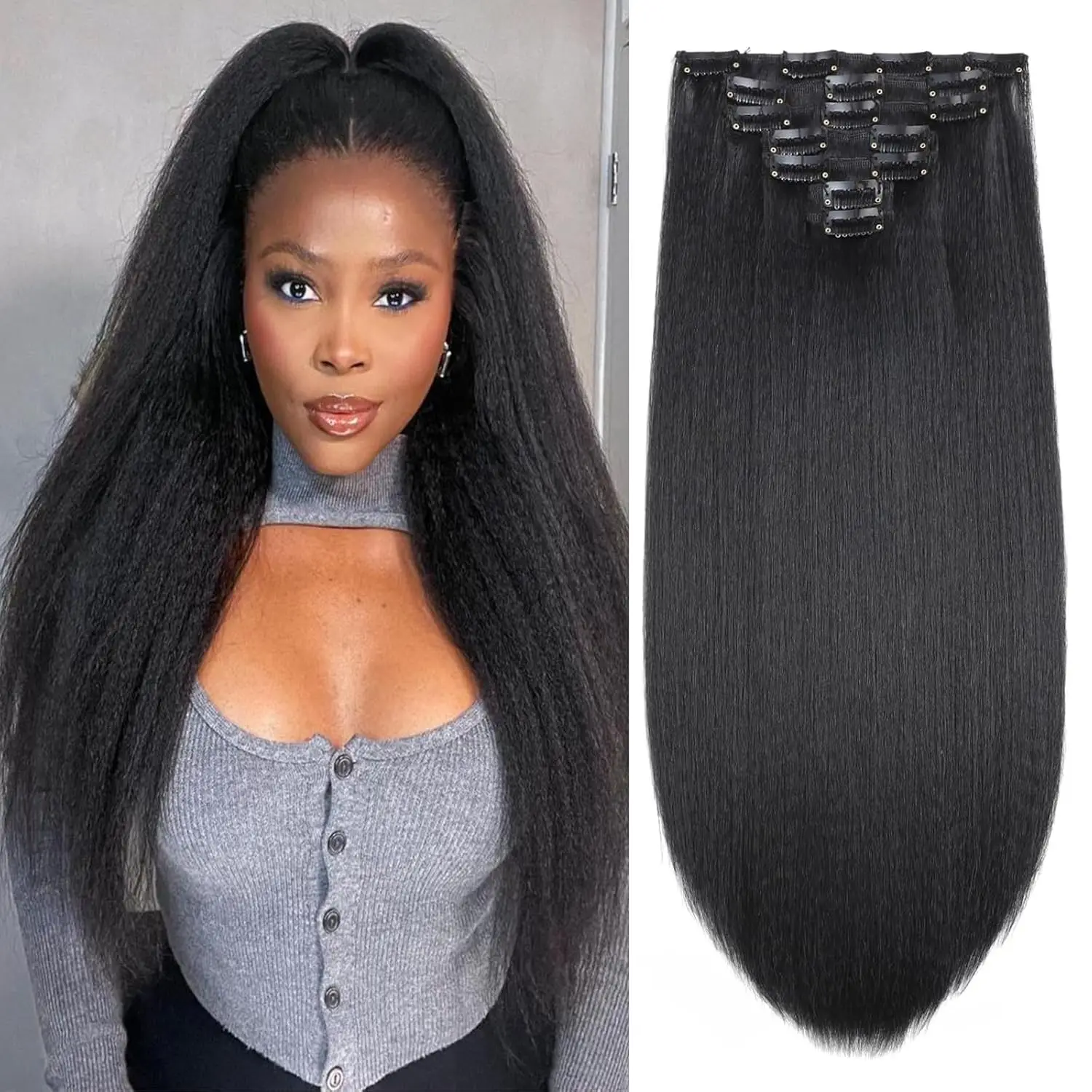 

24-26Inch Synthetic Hair Kinky Yaki Straight Clip in Hair Extensions Natural Black 7 Pcs Seamless For Women Girl Full Head Daily