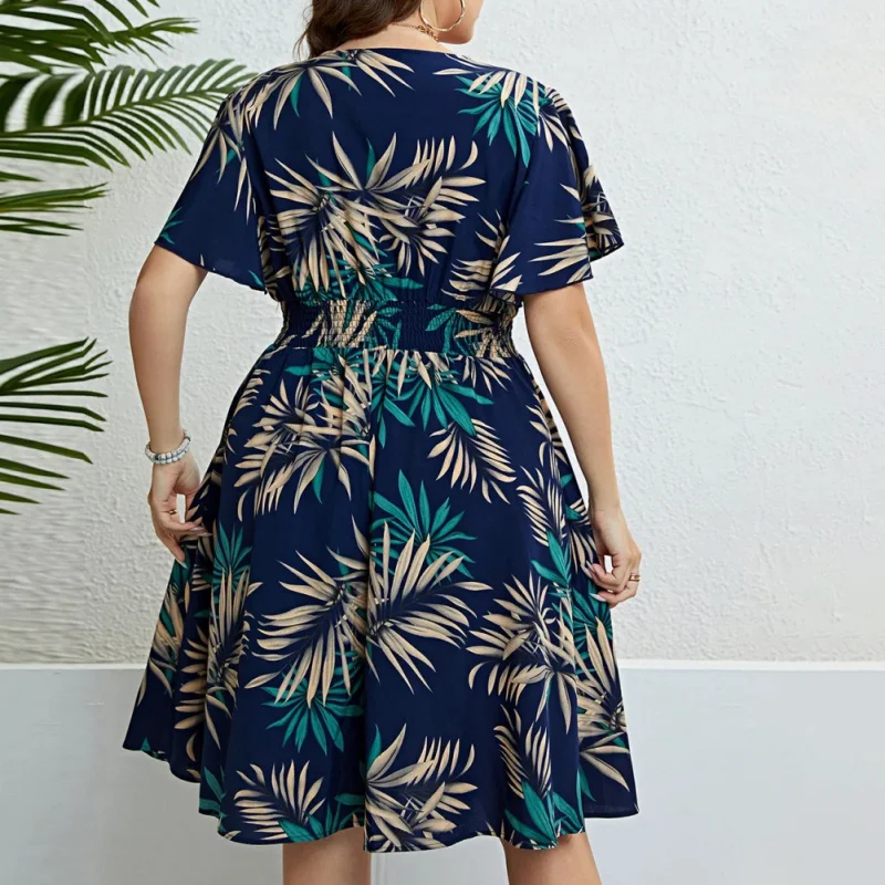 XL-3XL Plus Size Damska sukienka z krótkim rękawem i dekoltem w szpic z elastyczną talią Luźna sukienka w stylu wakacyjnym w stylu bohemy