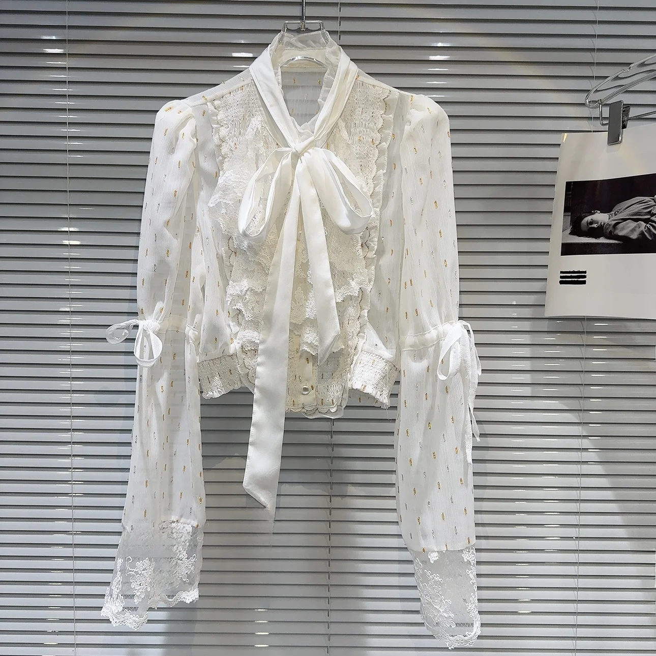 

Trendy Ribbon Tie Lace Dot Chiffon irt Women's French Sle Straight Cut Long Sve Breathable Summer New Arrival