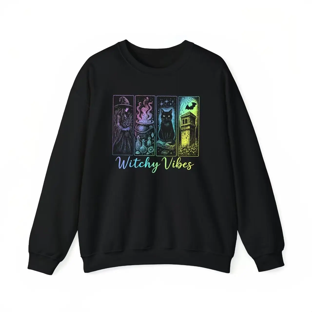 

"Witchy Vibes" Sweatshirt for Women, Spooky Witch Black Cat Crewneck Pullover for Halloween Party