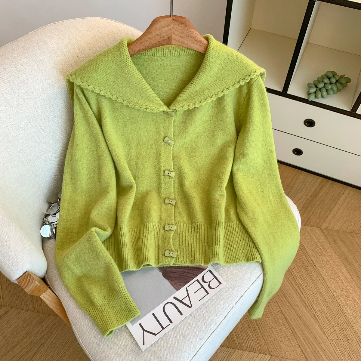 

Женский зеленый кардиган с матросским воротником, свитер, винтажный джемпер 2000-х годов Y2k, трикотаж, свитер с длинными рукавами в корейском стиле, осенняя одежда