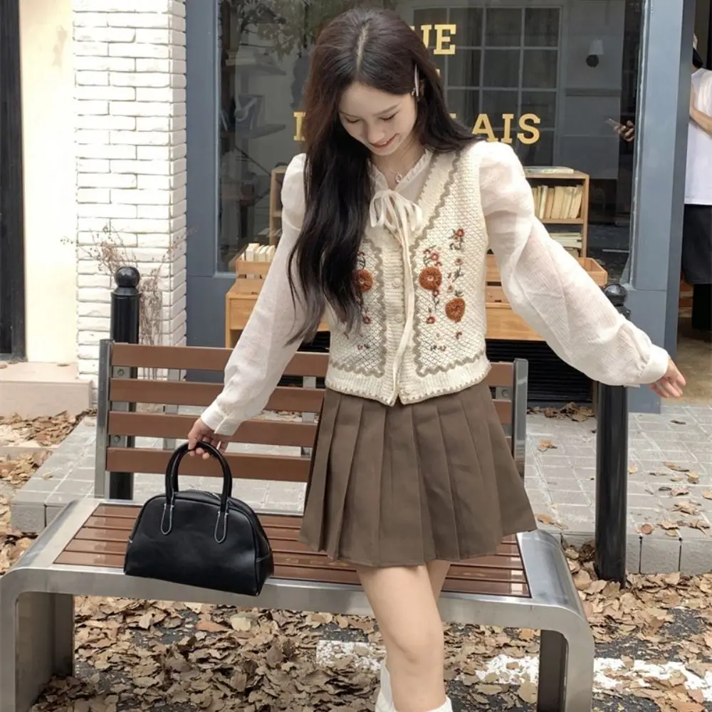 

National Style Knitted Vest Flower Loose V-neck Sweater Sleeveless Casual Knitted Sweater Vest Autumn/Summer