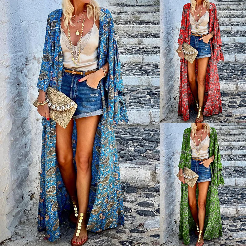 FD488 Women's Printed Loose Long Sleeved Mid Length Beach Bohemian Cardigan Coat