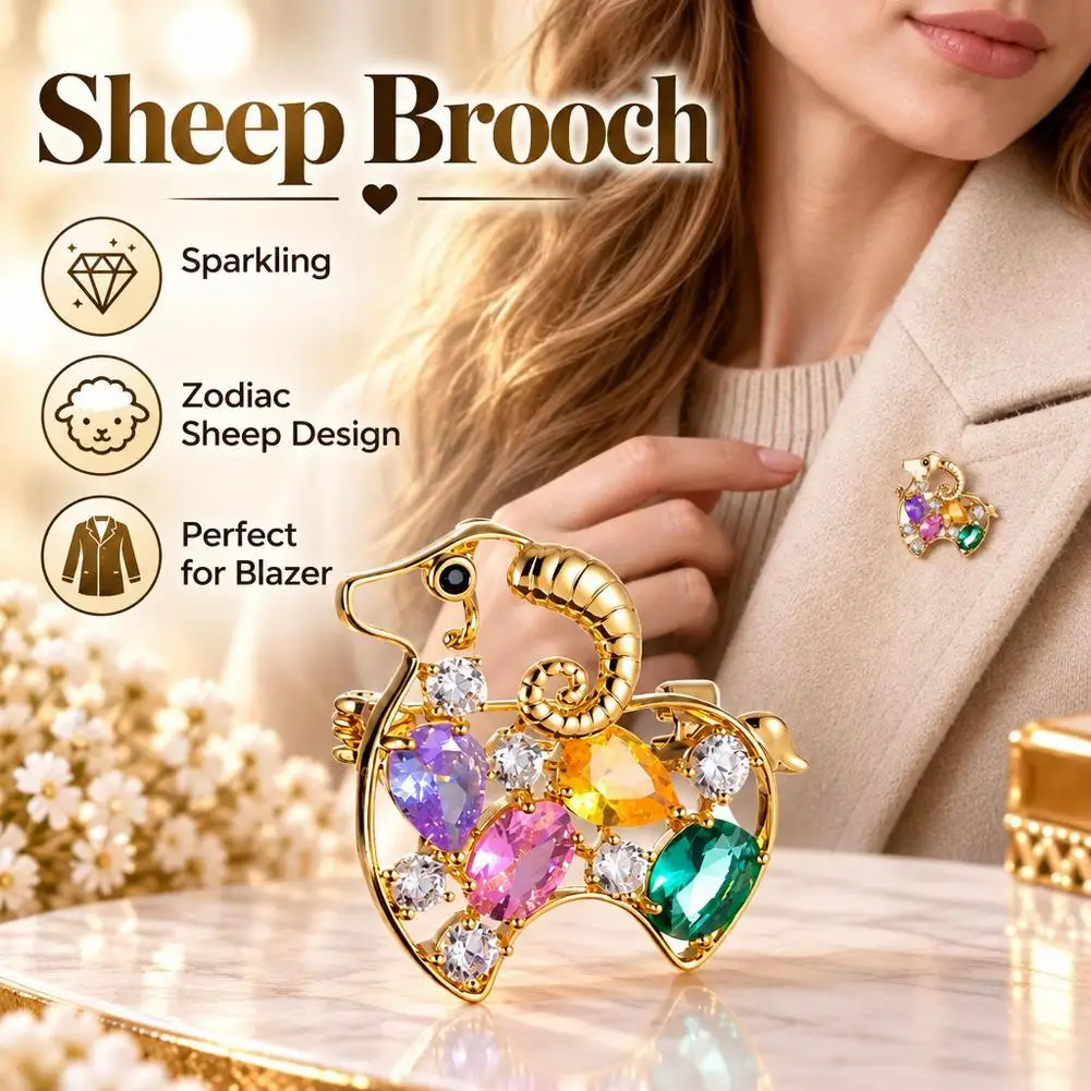 Vintage Sheep Brooch Multicolor Crystal Rhinestone Goat Lapel Pin Aries Zodiac Animal Badge Coat Suit Corsage Jewelry Gift