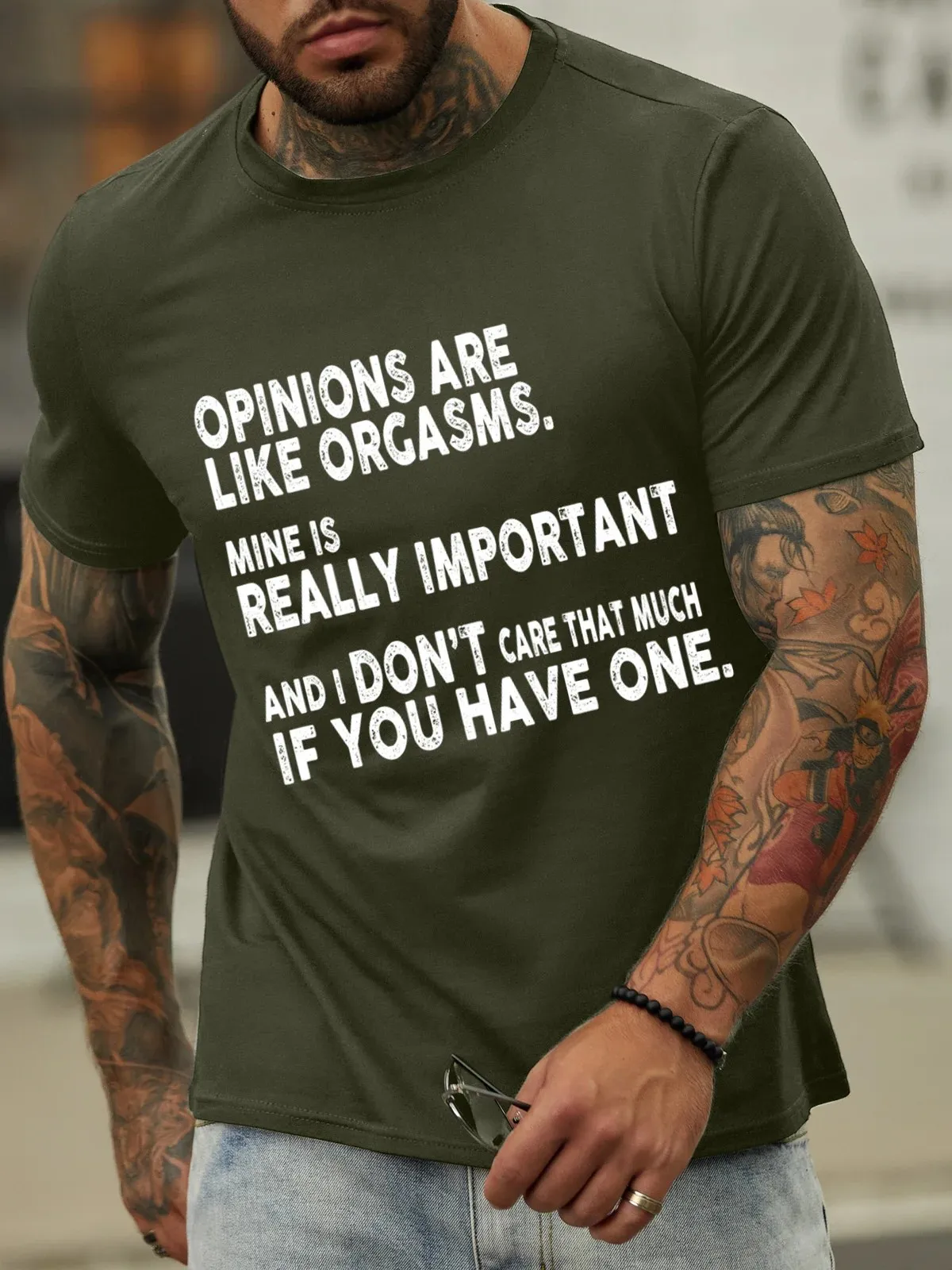 Men's opinions are like orgasms Text Letters Casual Cotton-Blend T-Shirt