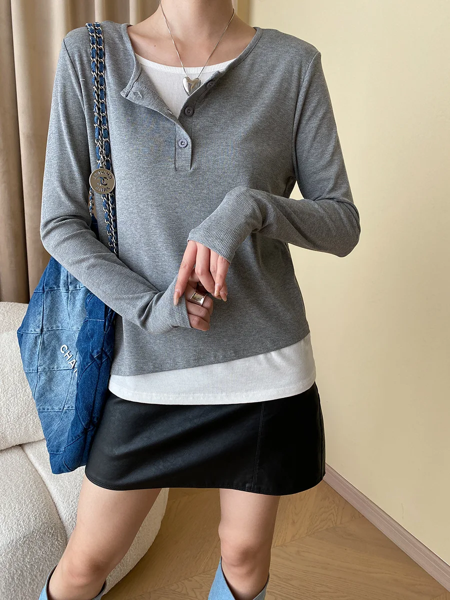 

Мода 2025 года, искусственный дизайн из двух частей, многослойный топ с резьбой, весенне-осенняя футболка с длинными рукавами, нижняя рубашка, топы