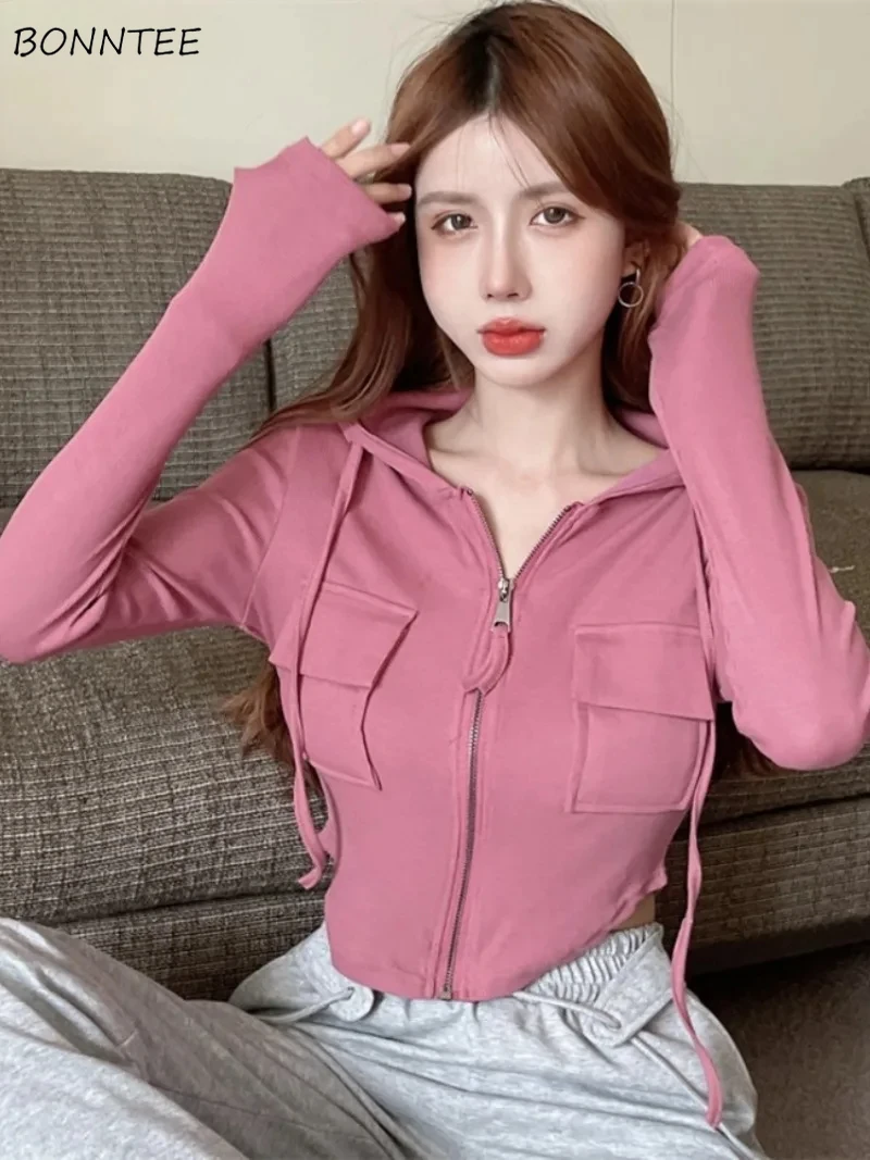 

Cropped Jackets for Women Solid Pockets Korean Fashion All-match Skinny Daily Autumn Hooded Sweet Sexy Girls Classic Popular