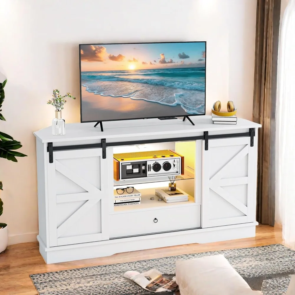 Corner TV Stand, Corner Entertainment Center, Media Console with Sliding Barn Door, Power Outlet and LED Strip, TV Cabinet