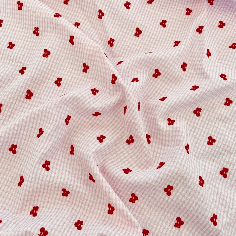 

Cherry Flocked Bubble Plaid Fabric Soft Breathable Cute Cartoon for Spring Summer Dress Shirt Kids DIY Sewing Accessories