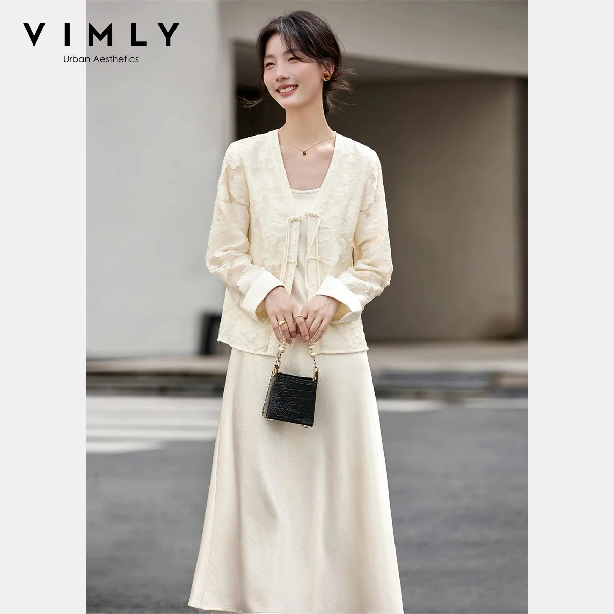 

VIMLY Chinese Style Jacquard Dress Set Women 2025 Autumn New Casual Two Piece Sets Solid V-neck Cardigan Midi Slip Dress A3053